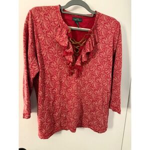 Lauren Ralph Lauren Red Paisley Lace Up Ruffle V-Neck Top XL Cotton 3/4 Sleeve